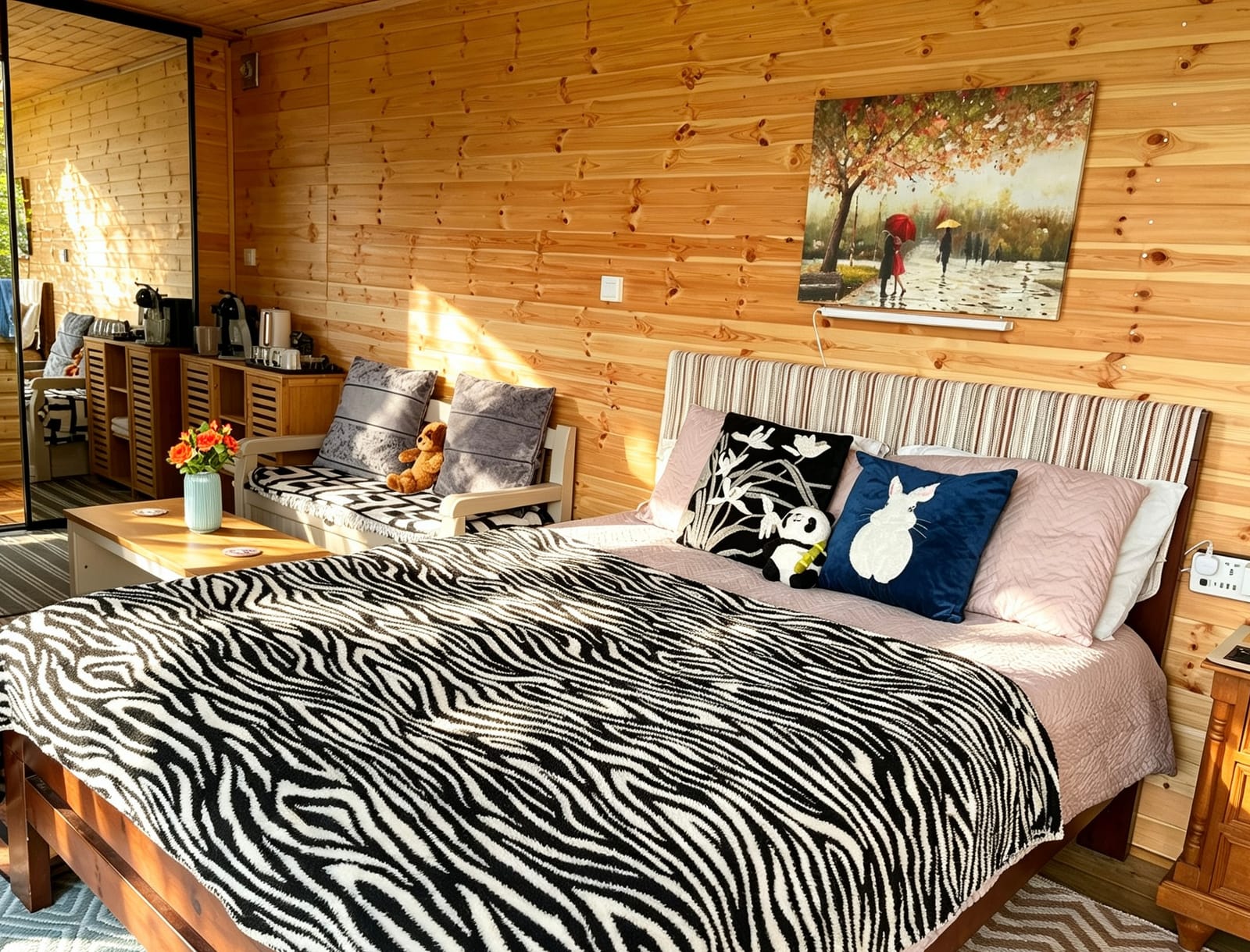Prepared bed inside Cabin in the Woods