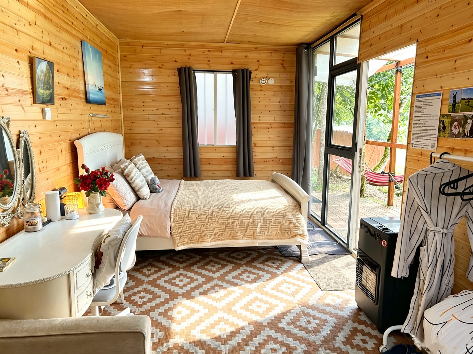 Valley View timber cabin with its bed, vanity and garden doors