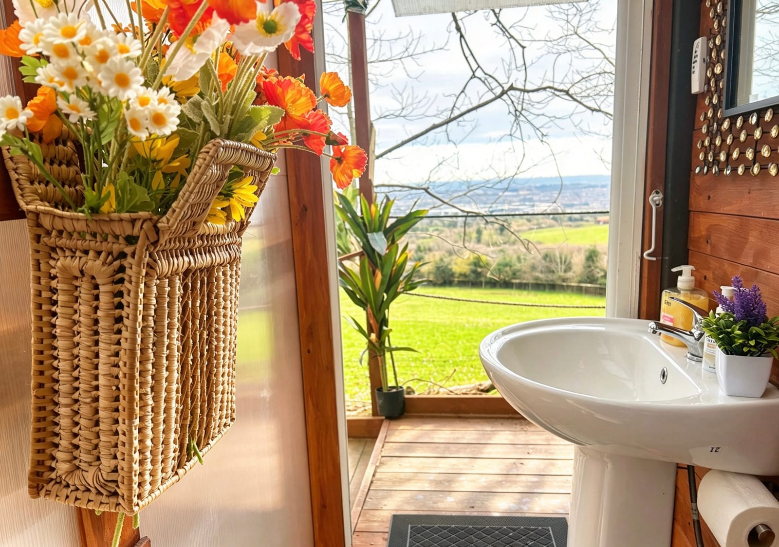 Farm Cabin wash area overlooking the countryside